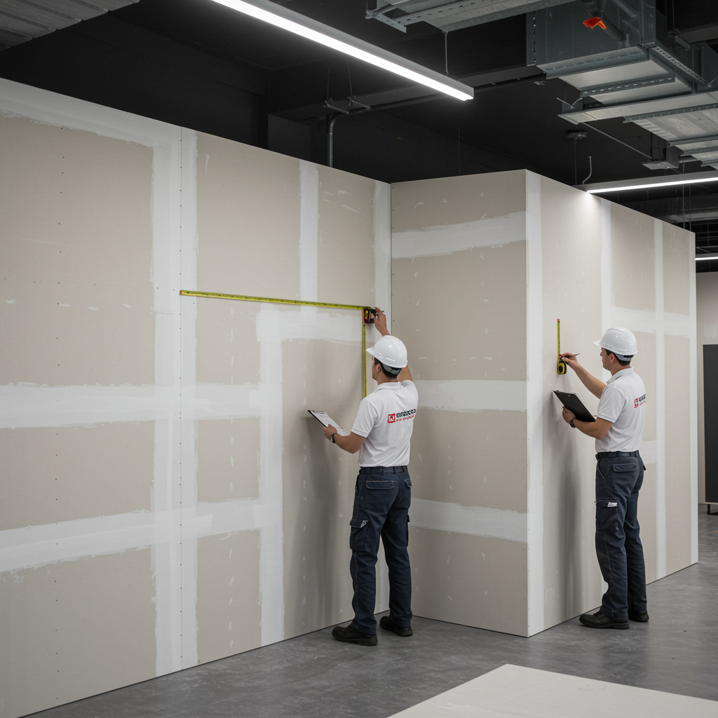 "Renderizado ultra-realista de un moderno espacio interior en Sevilla que refleja la calidad y versatilidad de REDECO PLAC, con acabados impecables y profesionales inspeccionando las instalaciones."