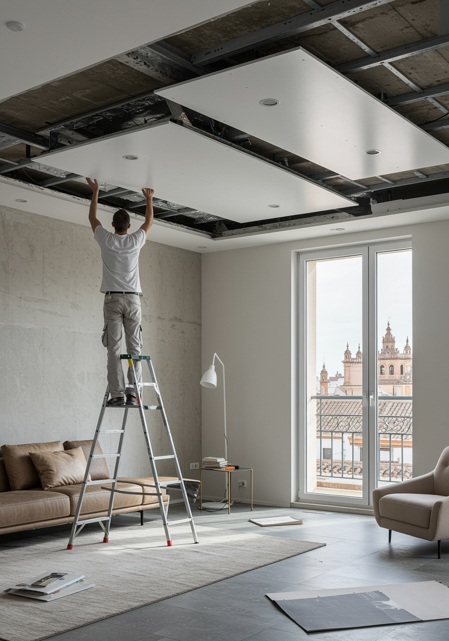 "Oficina moderna con techo de yeso desmontable, iluminación LED y vistas a los techos históricos de Sevilla, ideal para espacios versátiles y de alto rendimiento acústico."