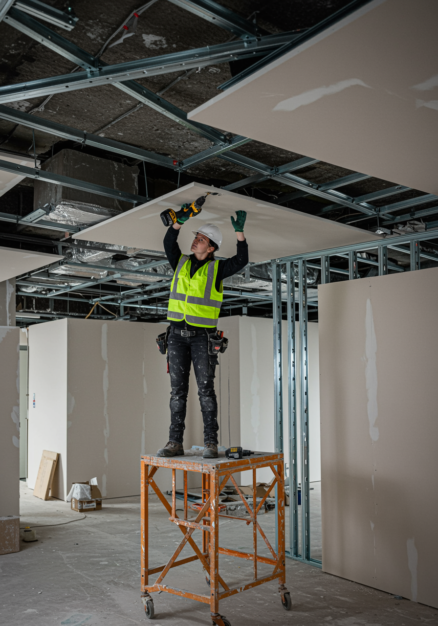 Texto alternativo SEO: "Mujer constructora instalando un techo de yeso suspendido en una oficina moderna, usando herramientas de seguridad y precisión técnica."