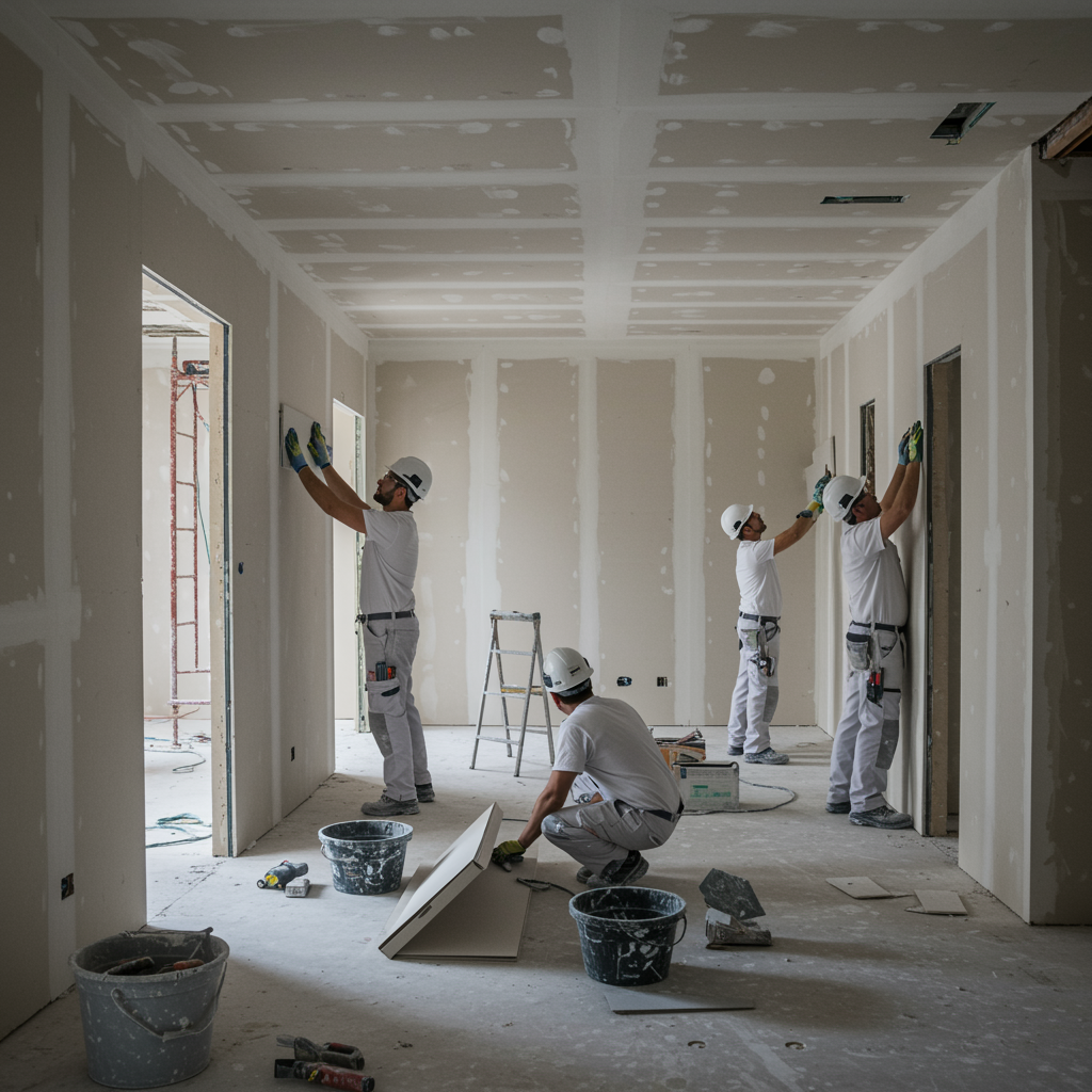 "Equipo de profesionales en Sevilla realizando la instalación de paneles de yeso con precisión en un interior moderno en renovación, destacando la técnica y limpieza en obras."