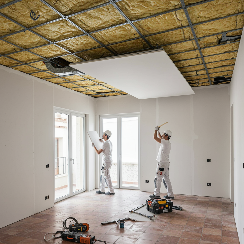 "Instalación de un sistema de techo de yeso removible en una moderna habitación mediterránea en Sevilla, con instaladores en uniforme y detalles de diseño de interiores."