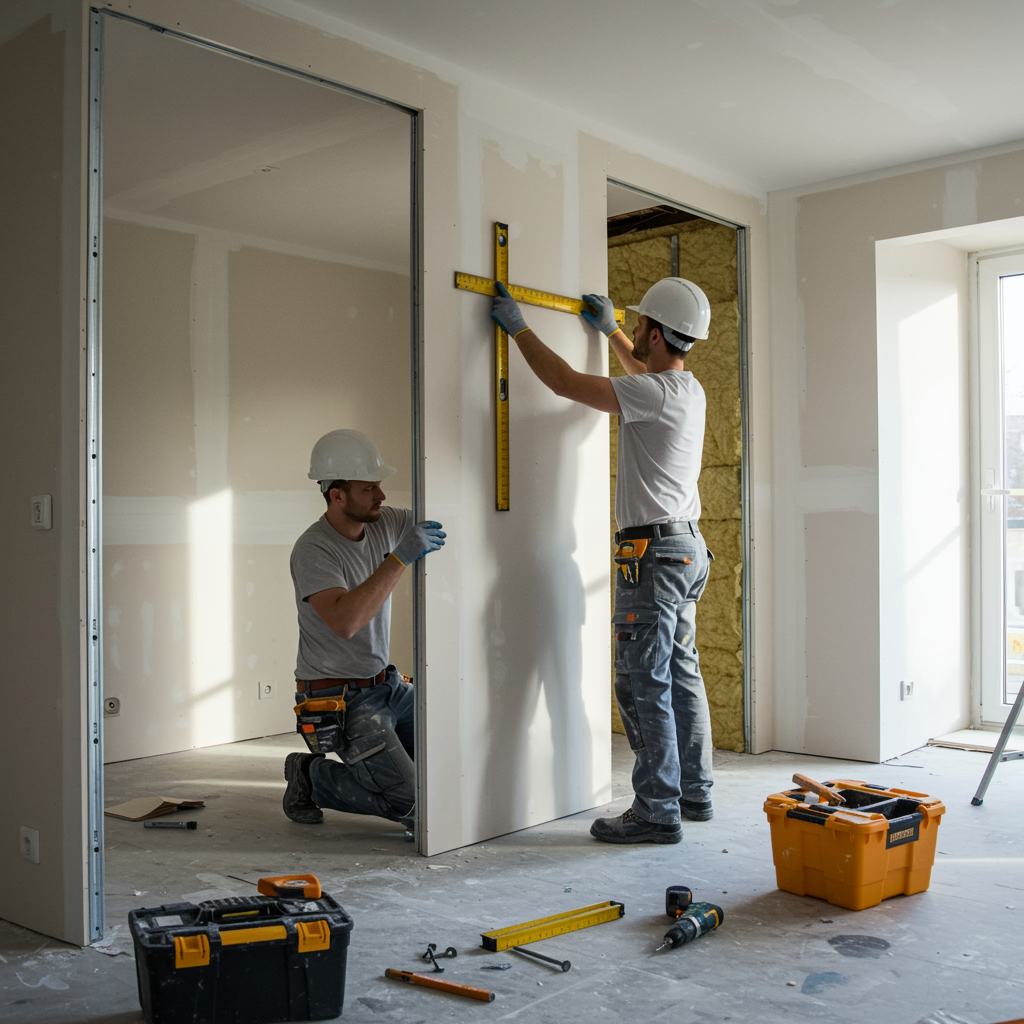 "Instalación de tabique de yeso por trabajadores de la construcción en una sala moderna, con enfoque en la seguridad y el uso de materiales de alta calidad."