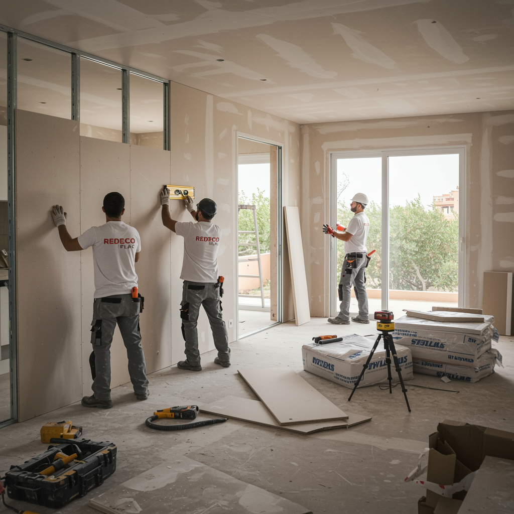 "Equipo de profesionales de la construcción instalando paneles de yeso en una moderna residencia en Sevilla, destacando la calidad y precisión en el trabajo de REDECO PLAC."